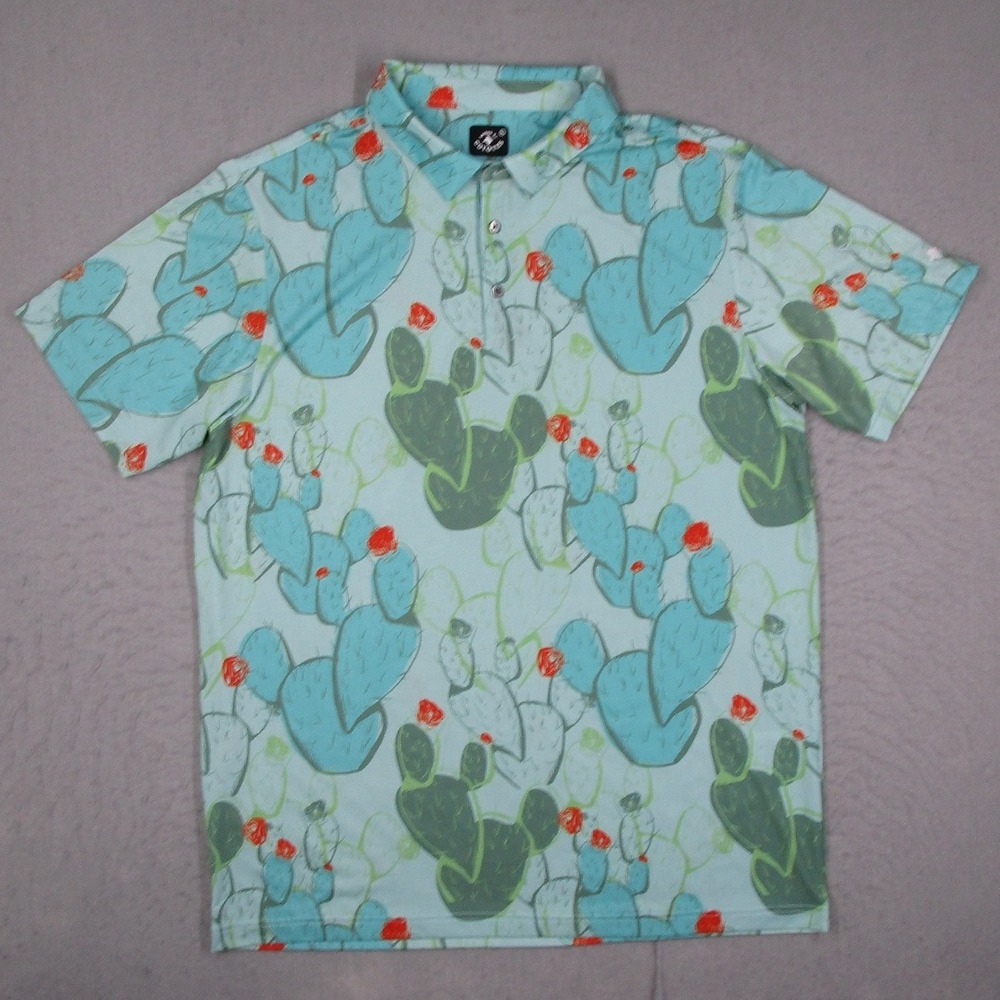 Raised By Coyotes Mens XL Cactus Print Performance Polo Shirt Blue Green Golf